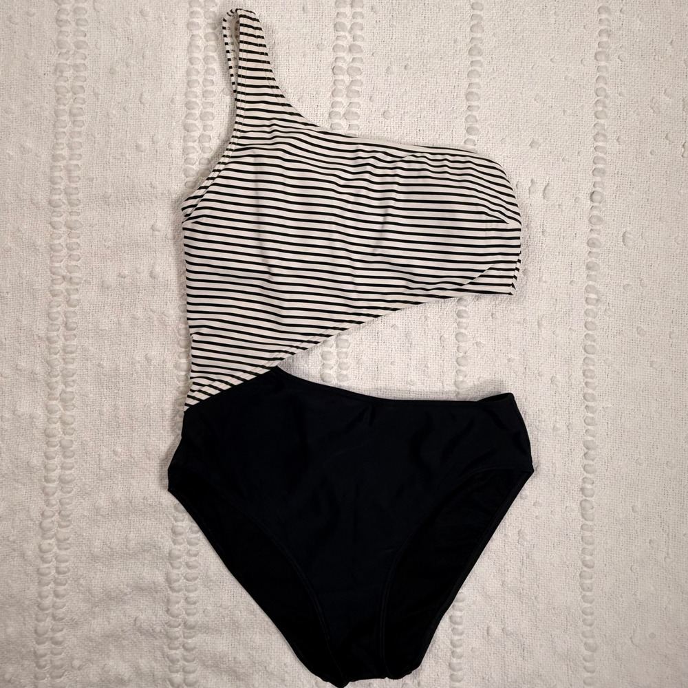 Abercrombie & Fitch Womens One Shoulder Striped Cutout One Piece Swimsuit Small